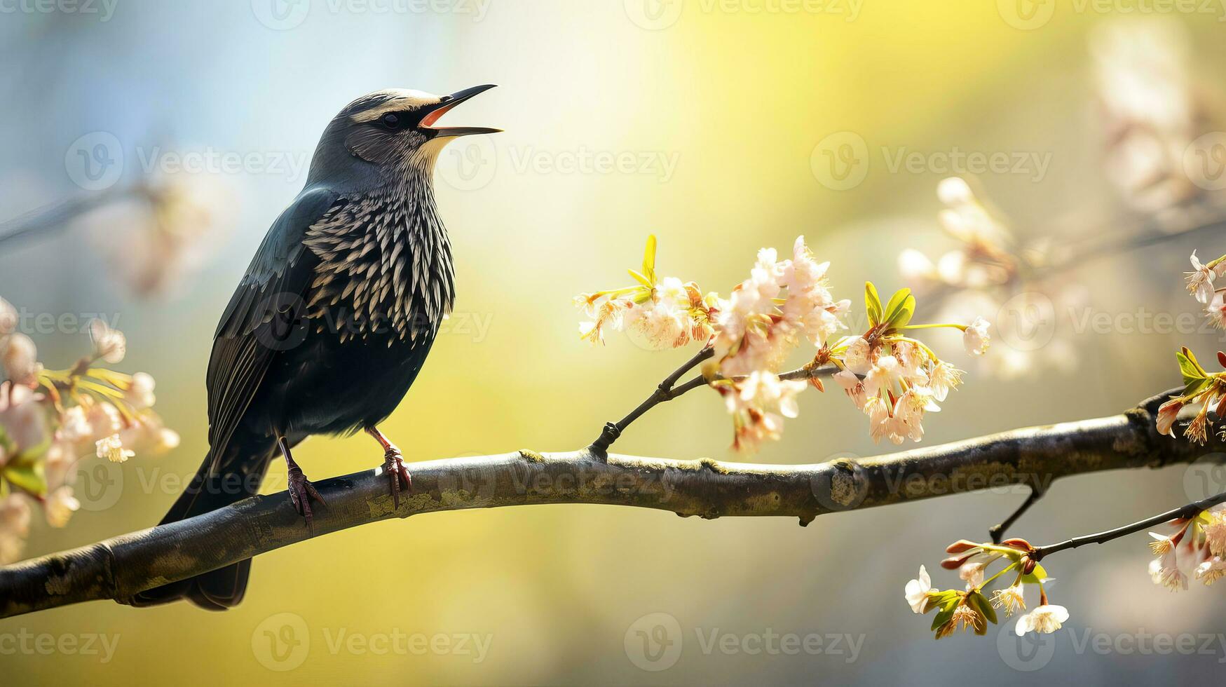 AI generated In early spring, a starling sings on a tree branch. AI generated. photo