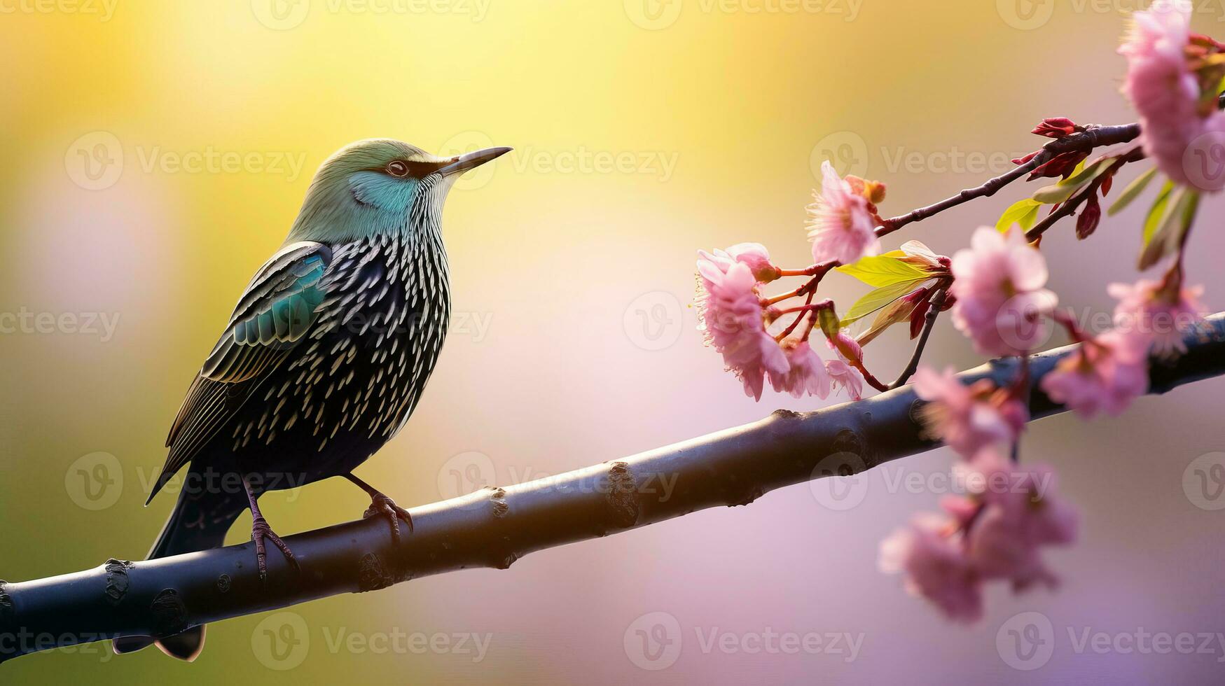 AI generated In early spring, a starling sings on a tree branch. AI generated. photo