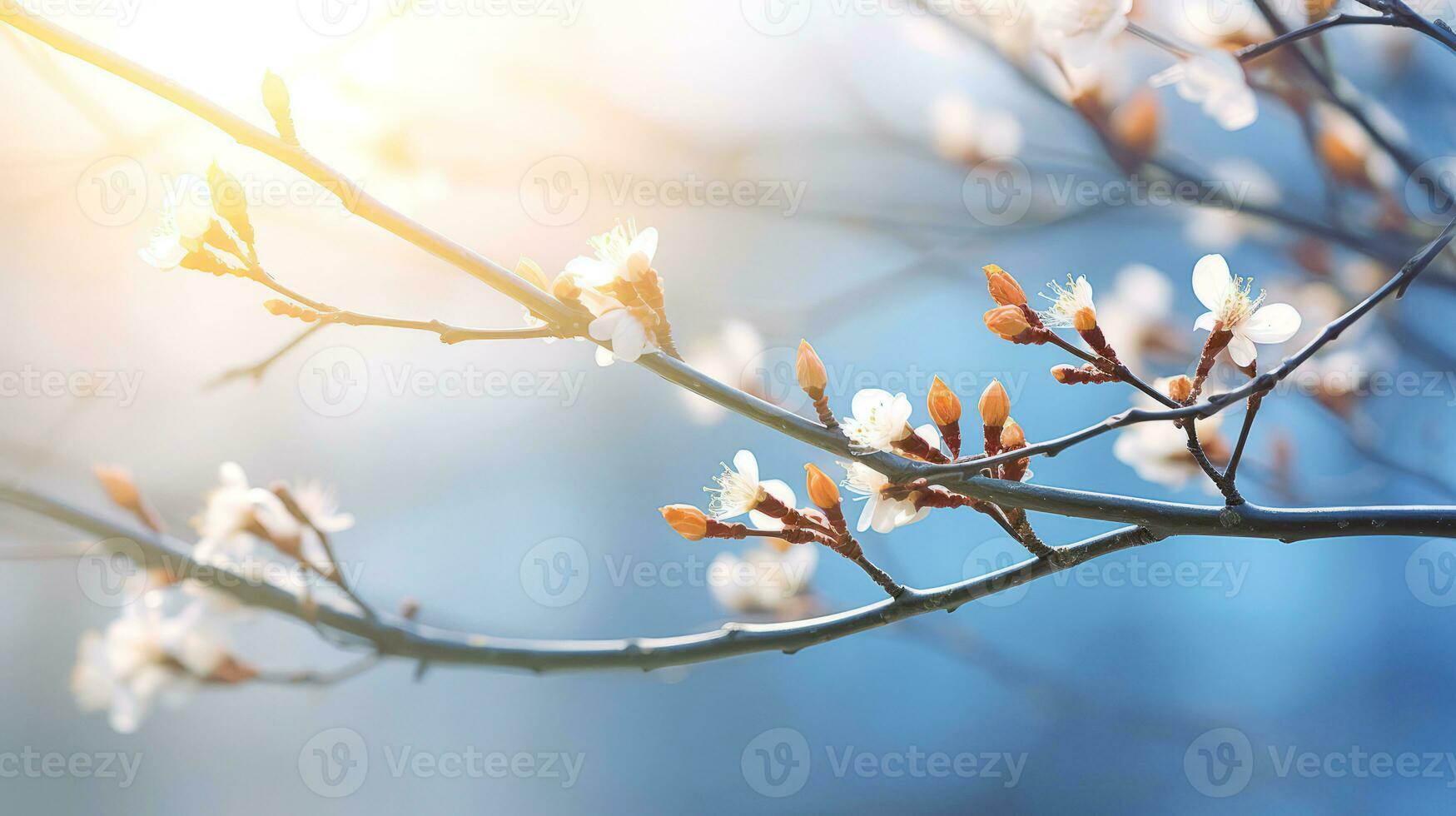 AI generated A tree branch in early spring with swollen buds, in the soft rays of the morning sun. AI generated. photo