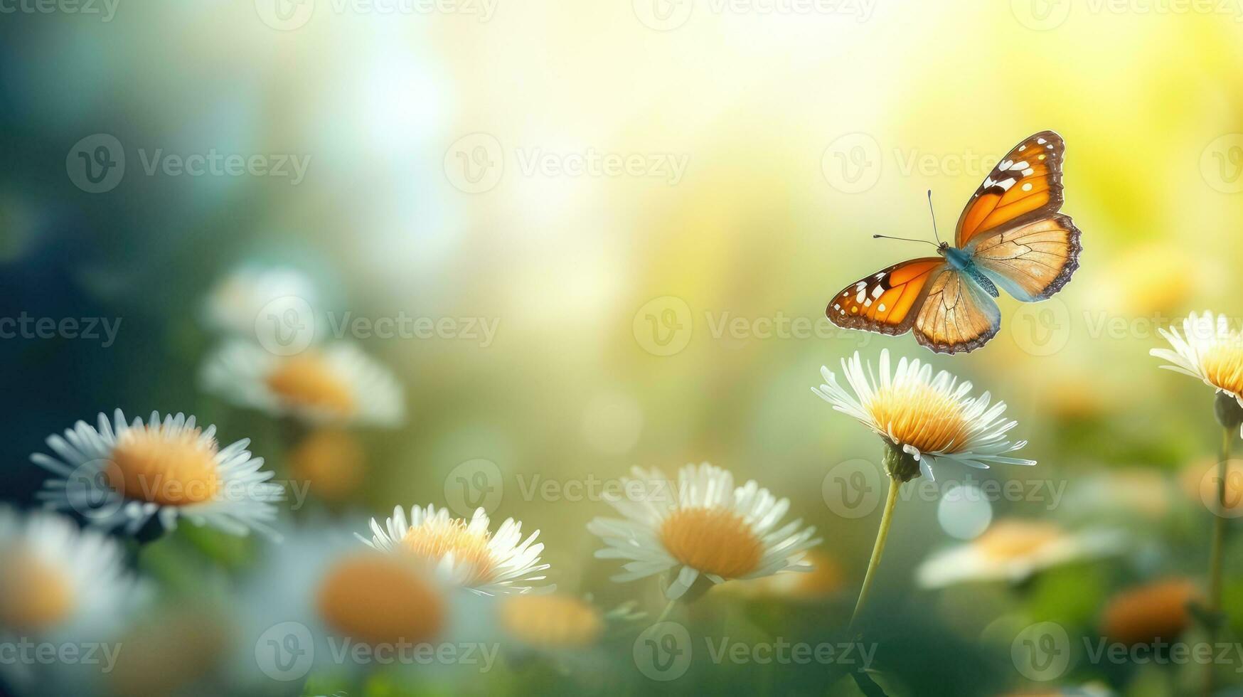 AI generated Beautiful butterfly close-up on a daisy flower in nature. Spring and summer background. AI-generated content. photo