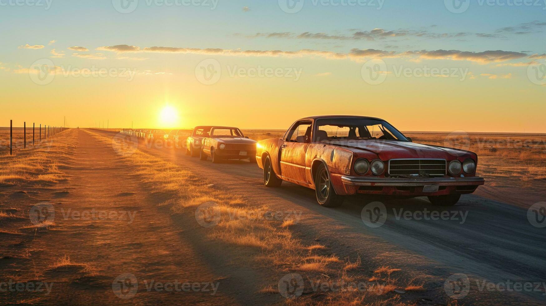 AI generated Abandoned cars in rows at sunset. Generative AI photo