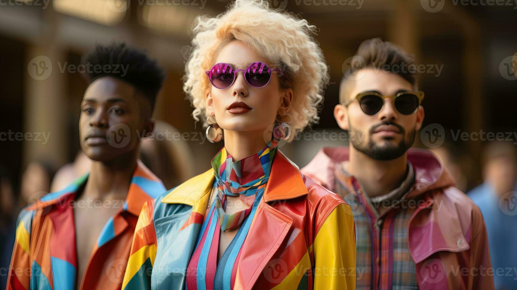 AI generated A modern, sustainable fashion show featuring models showcasing 80s fashion. Generative AI photo