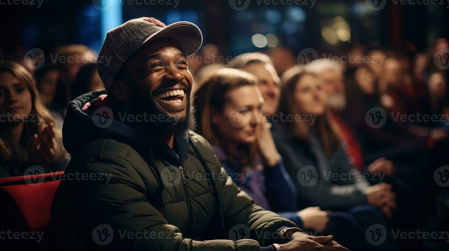 AI generated Live comedy club where the audience laughs at a stand-up show. Generative AI photo