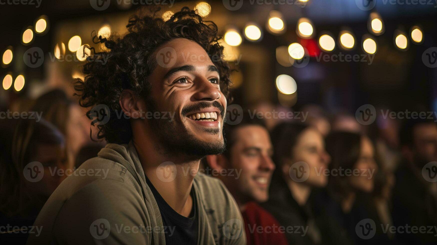 AI generated Live comedy club where the audience laughs at a stand-up show. Generative AI photo