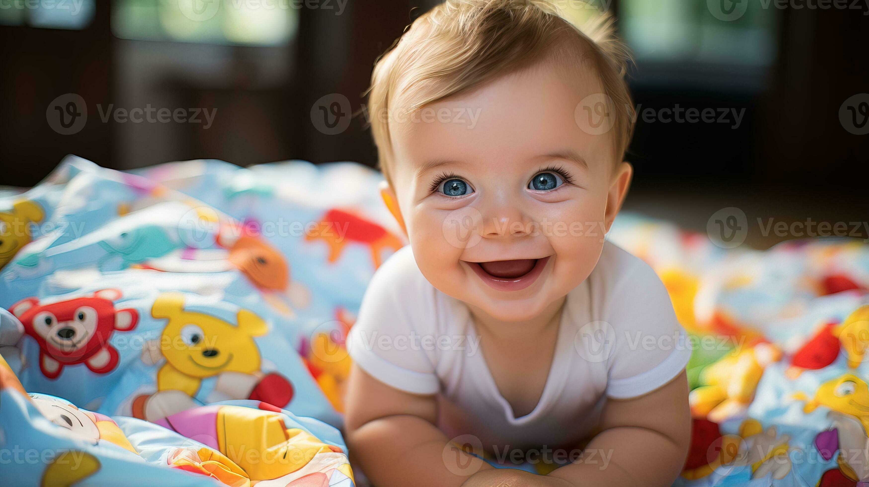 AI generated Baby lying face down in bed and smiling happily