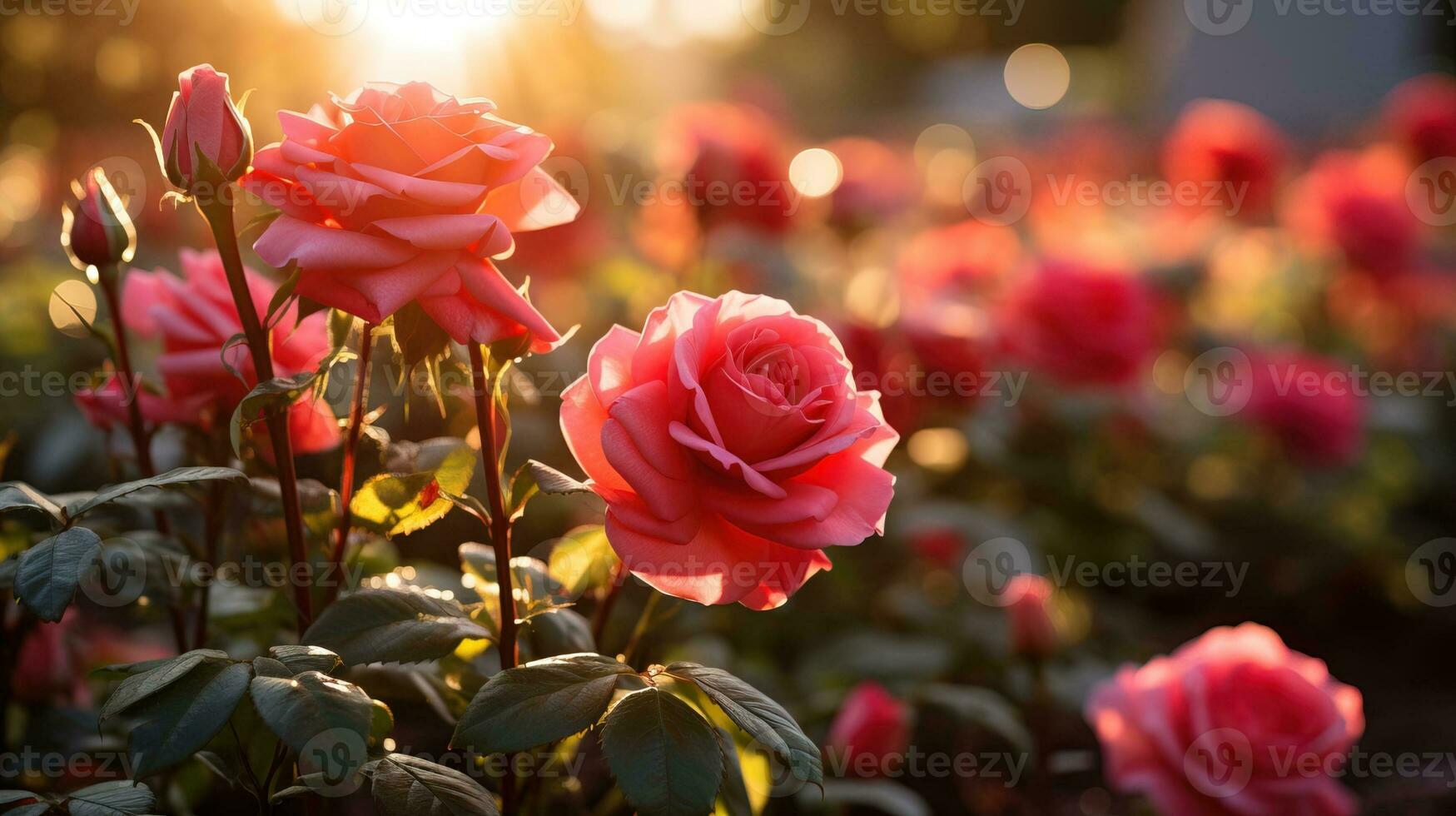 ai generado magnífico ver de rosado rosas debajo el suave Mañana Dom. generativo ai foto
