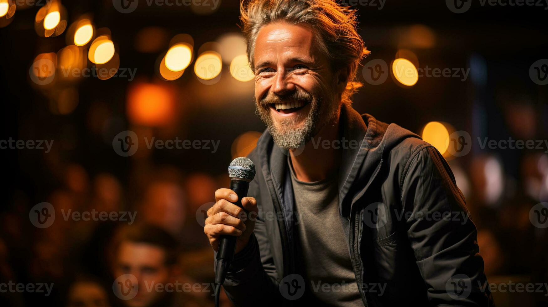 AI generated Live comedy club where the audience laughs at a stand-up show. Generative AI photo
