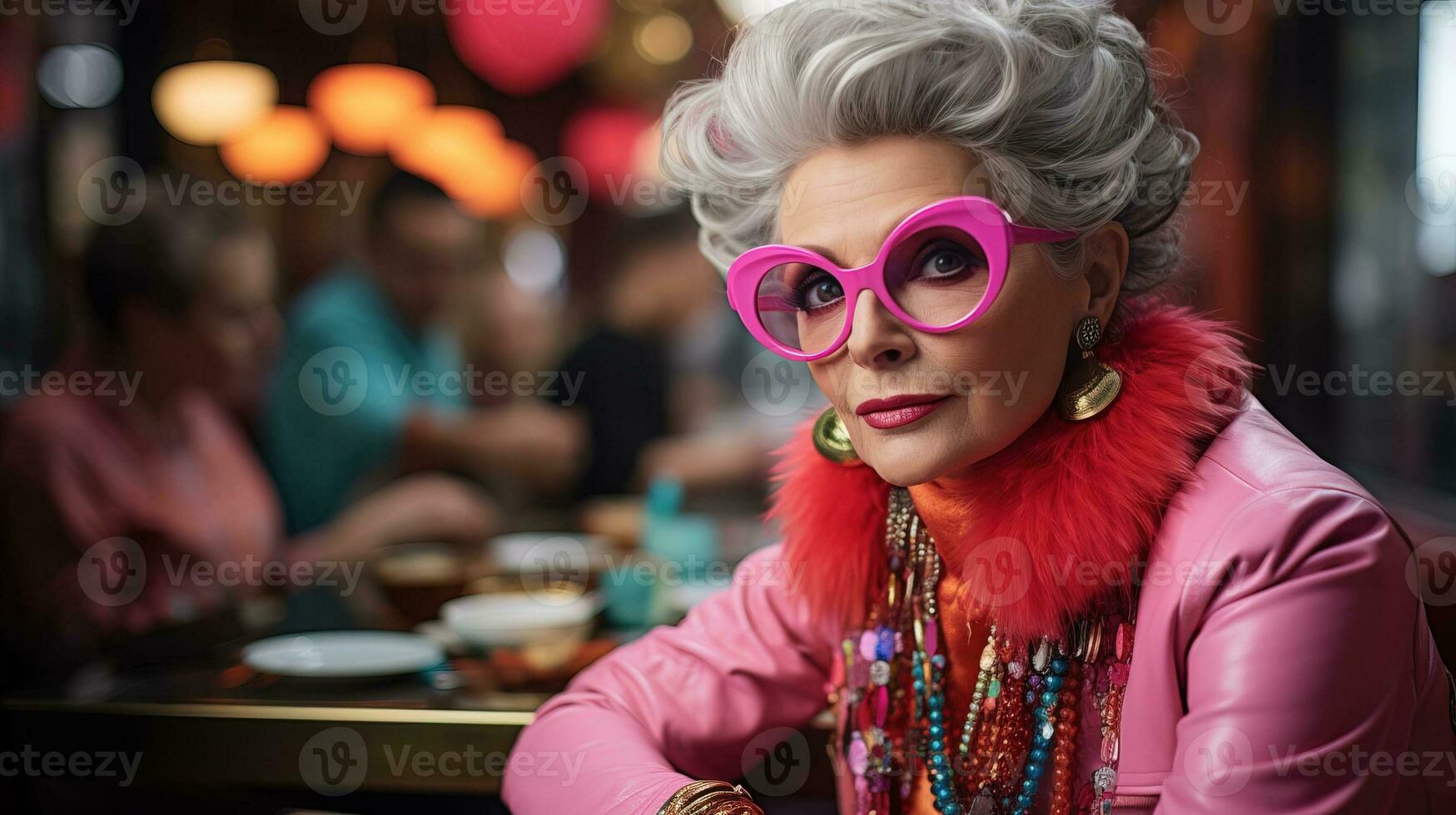 AI generated Old lady dressed in vibrant retro-futuristic 80s fashion. Generative AI photo