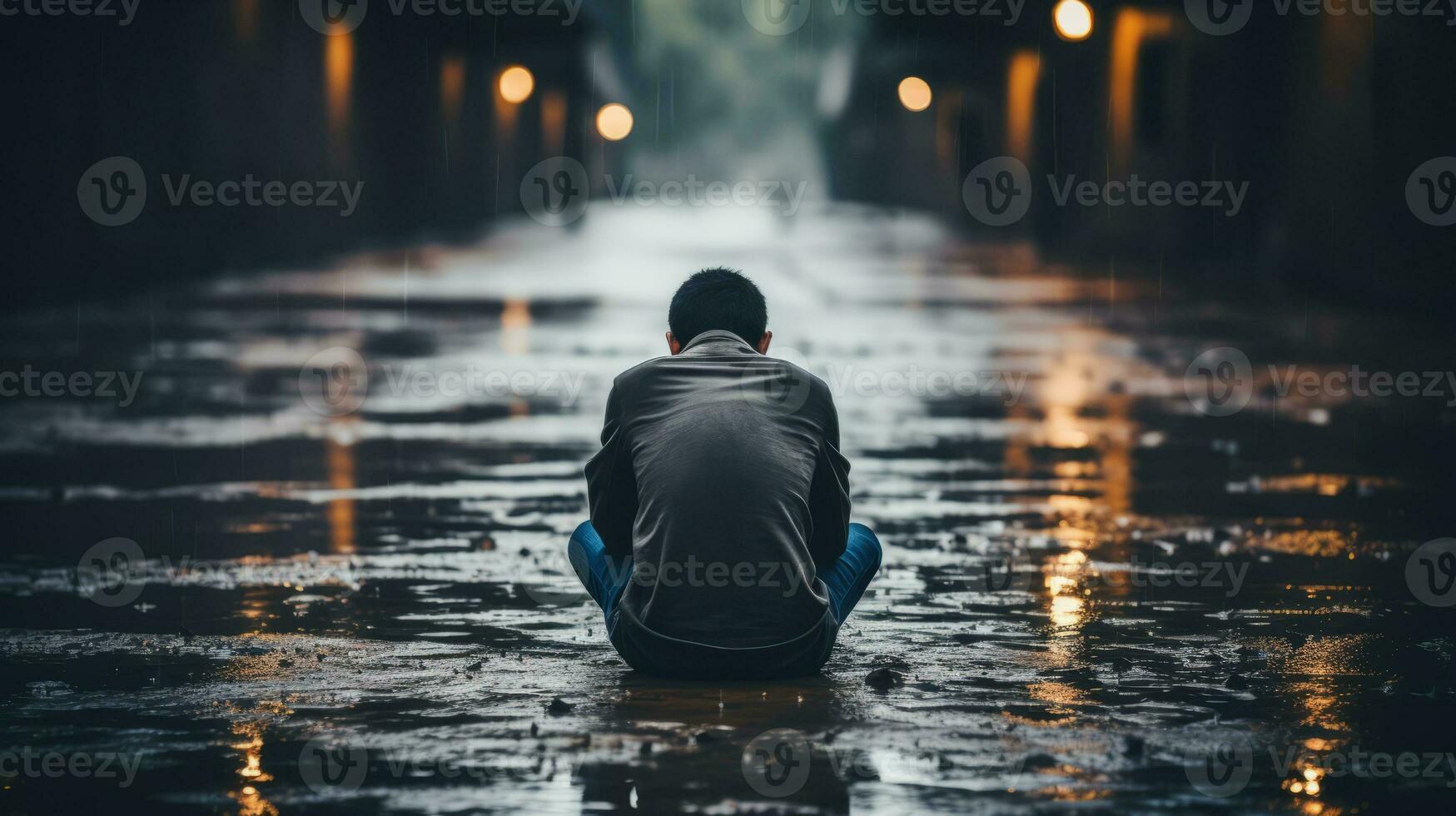 AI generated A man sitting helplessly on the ground in the rain. Generative AI photo