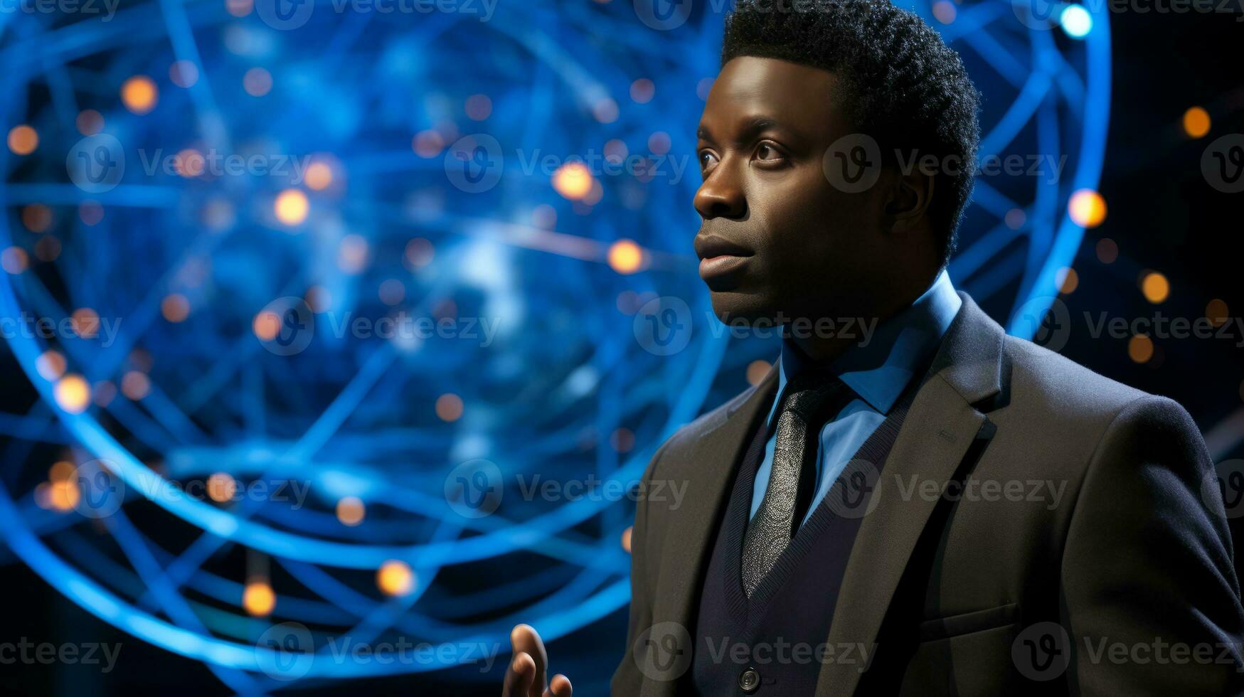 AI generated A scientist wearing glasses and a blue jacket. Generative AI photo