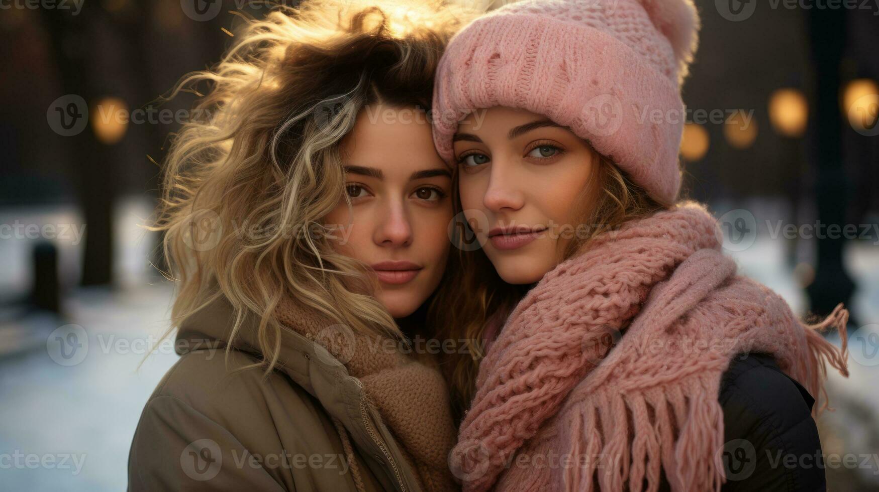 AI generated Two women in winter attire and hats standing in the snow, enjoying the cold weather. Generative AI photo
