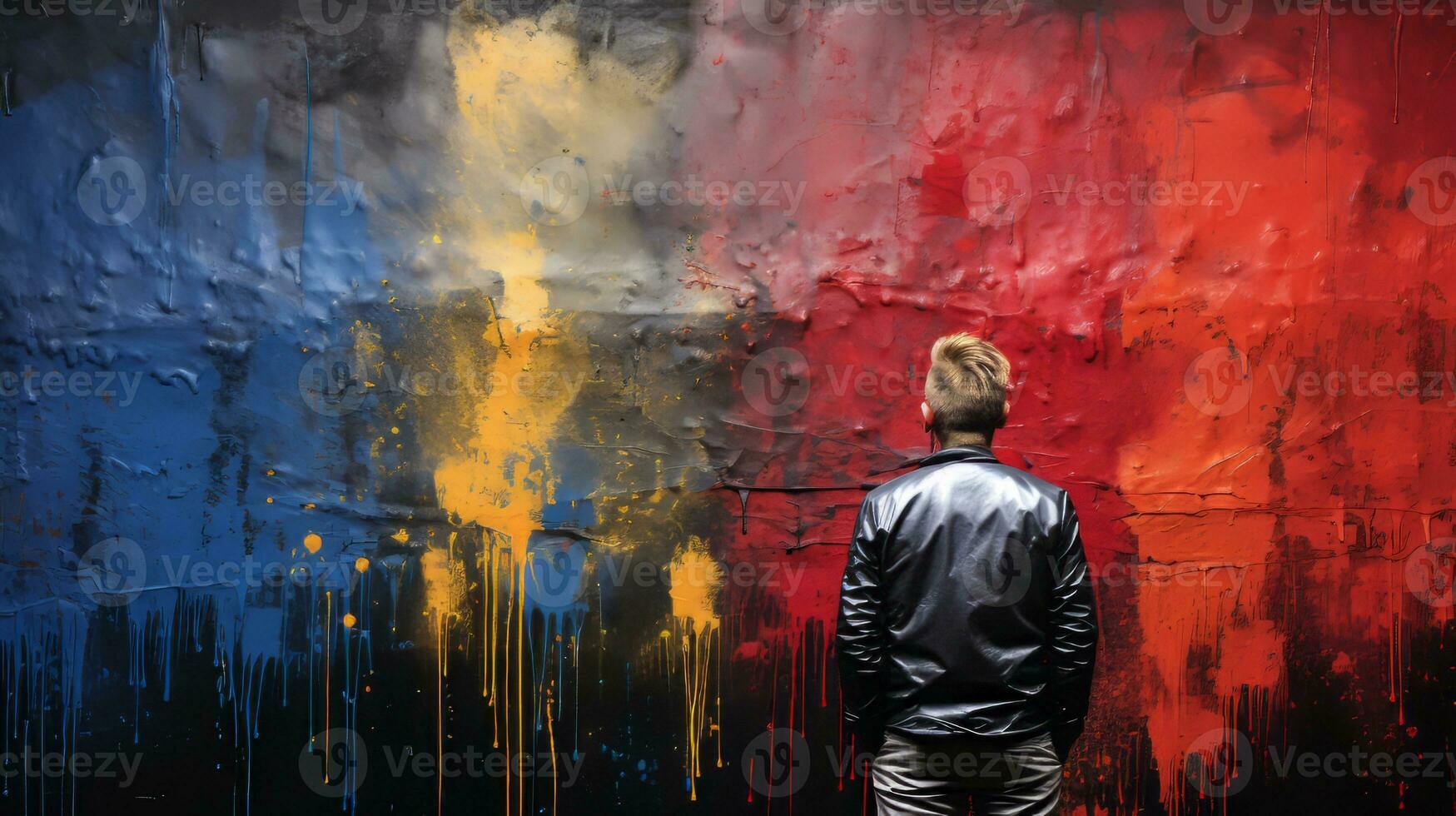 AI generated A man standing in front of a wall with paint dripping. Generative AI photo