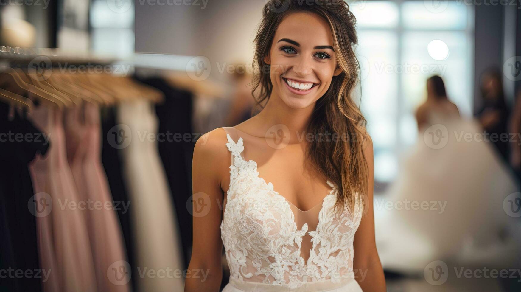 ai generado el futura novia es molesto en un vestir en un nupcial boutique. generativo ai foto