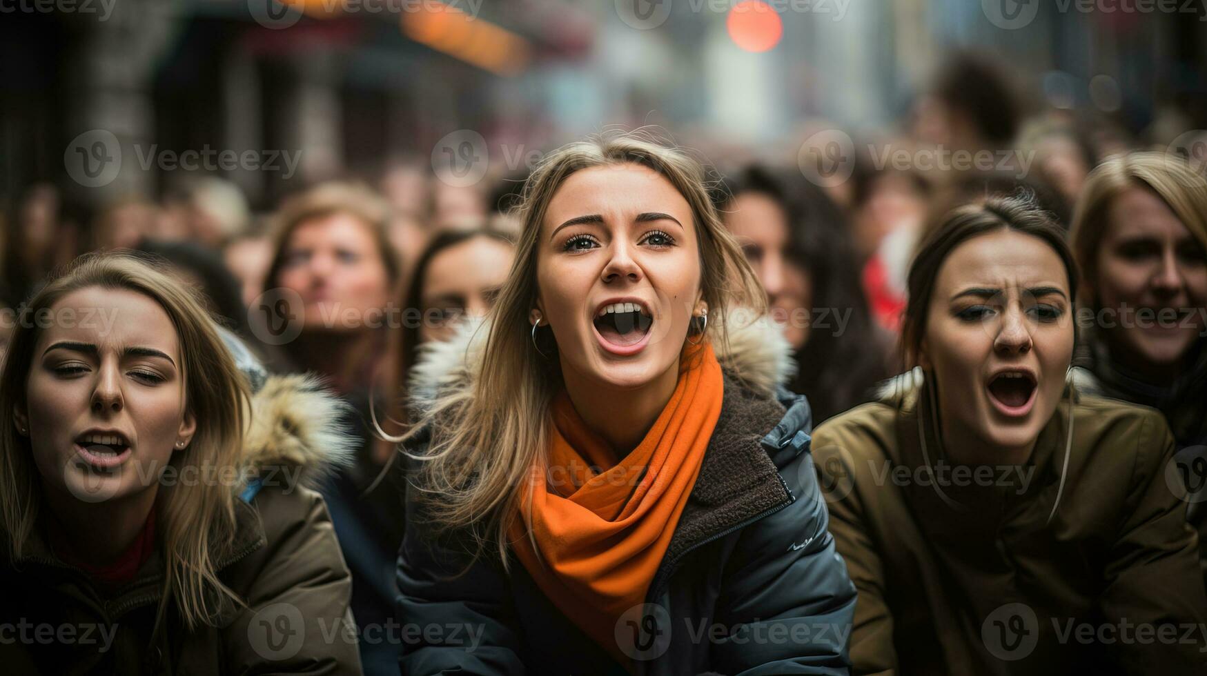 ai generado personas caminando en el calle gritos para un objetivo. generativo ai foto