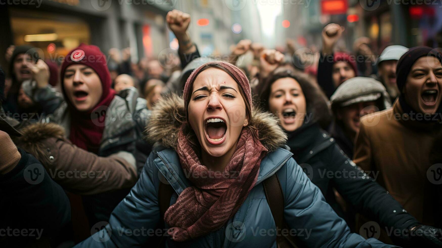 ai generado personas caminando en el calle gritos para un objetivo. generativo ai foto