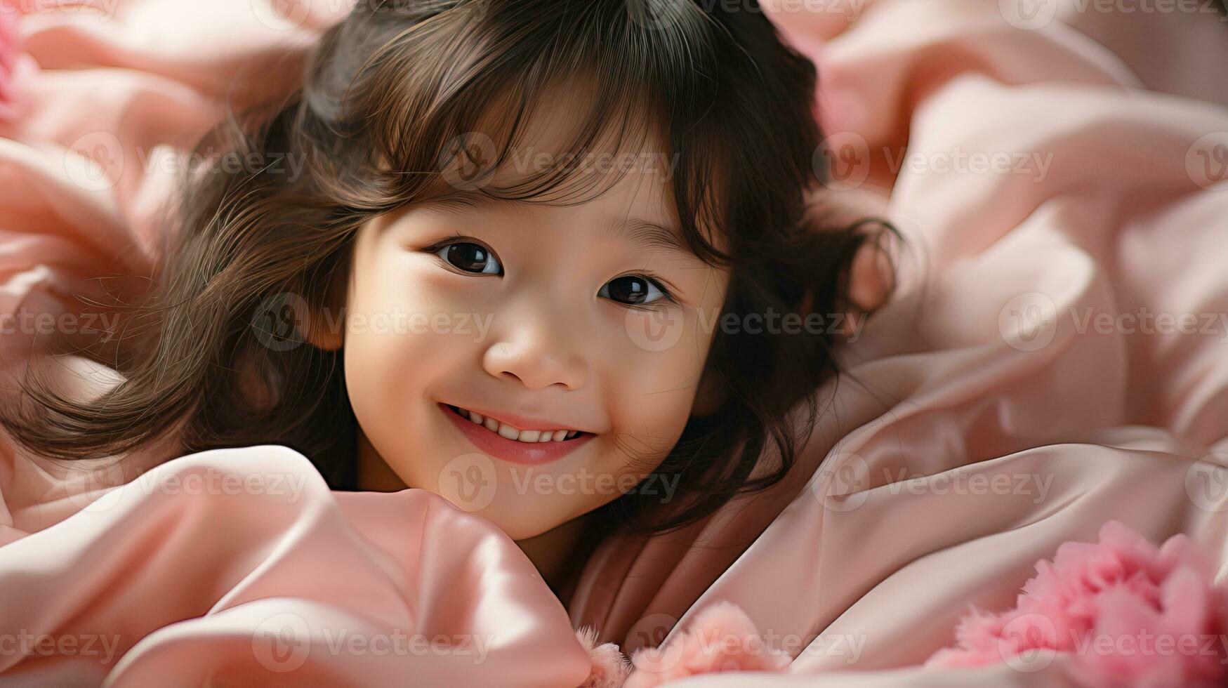 AI generated Cute Asian baby girl looks up smiling under a soft pink blanket. Generative AI photo