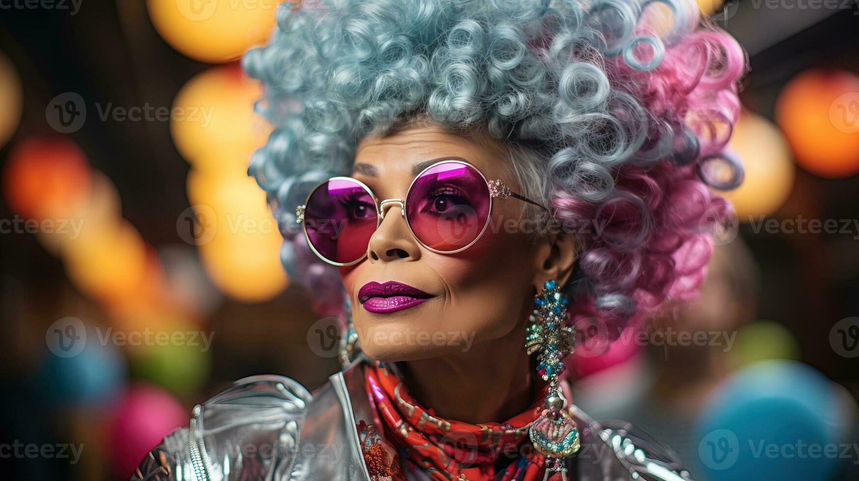 AI generated Old lady dressed in vibrant retro-futuristic 80s fashion. Generative AI photo