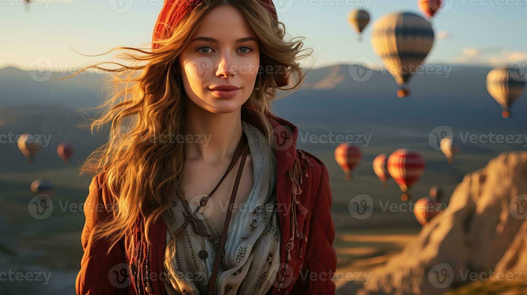 AI generated Tourist girl looking at the sky full of balloons on the Cappadocia mountain peak. Generative AI photo