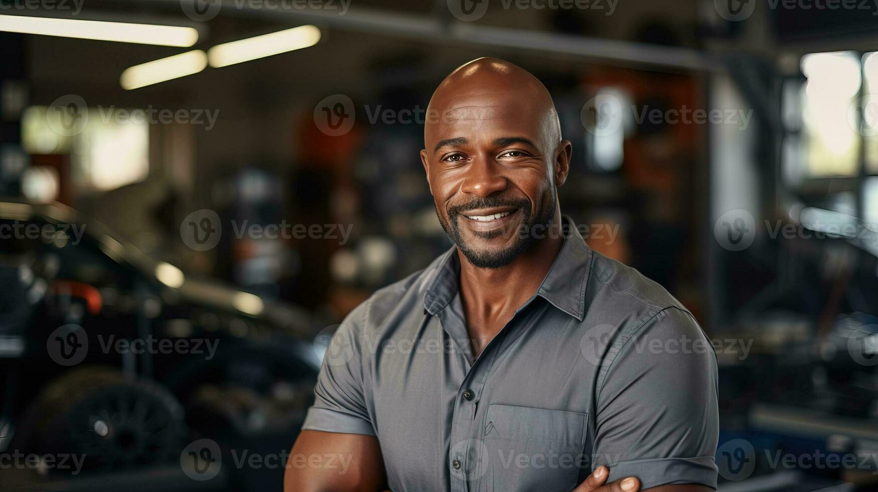 AI generated Young professional mechanic master representing expertise and friendliness in an auto repair shop. Generative AI photo