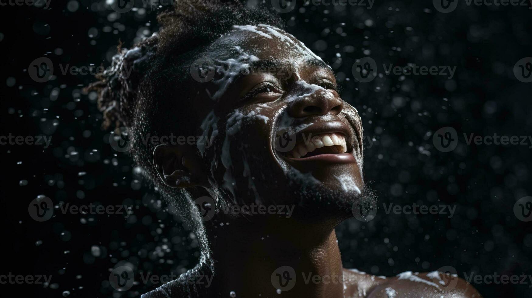 AI generated Handsome young African American man taking bath with foam on black background. Generative AI photo