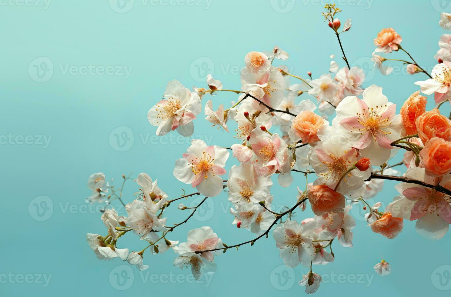 Spring flowers of a blooming apple tree on a blue background photo