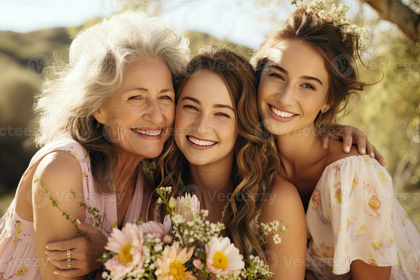Granddaughters and grandmother hugging with flowers photo