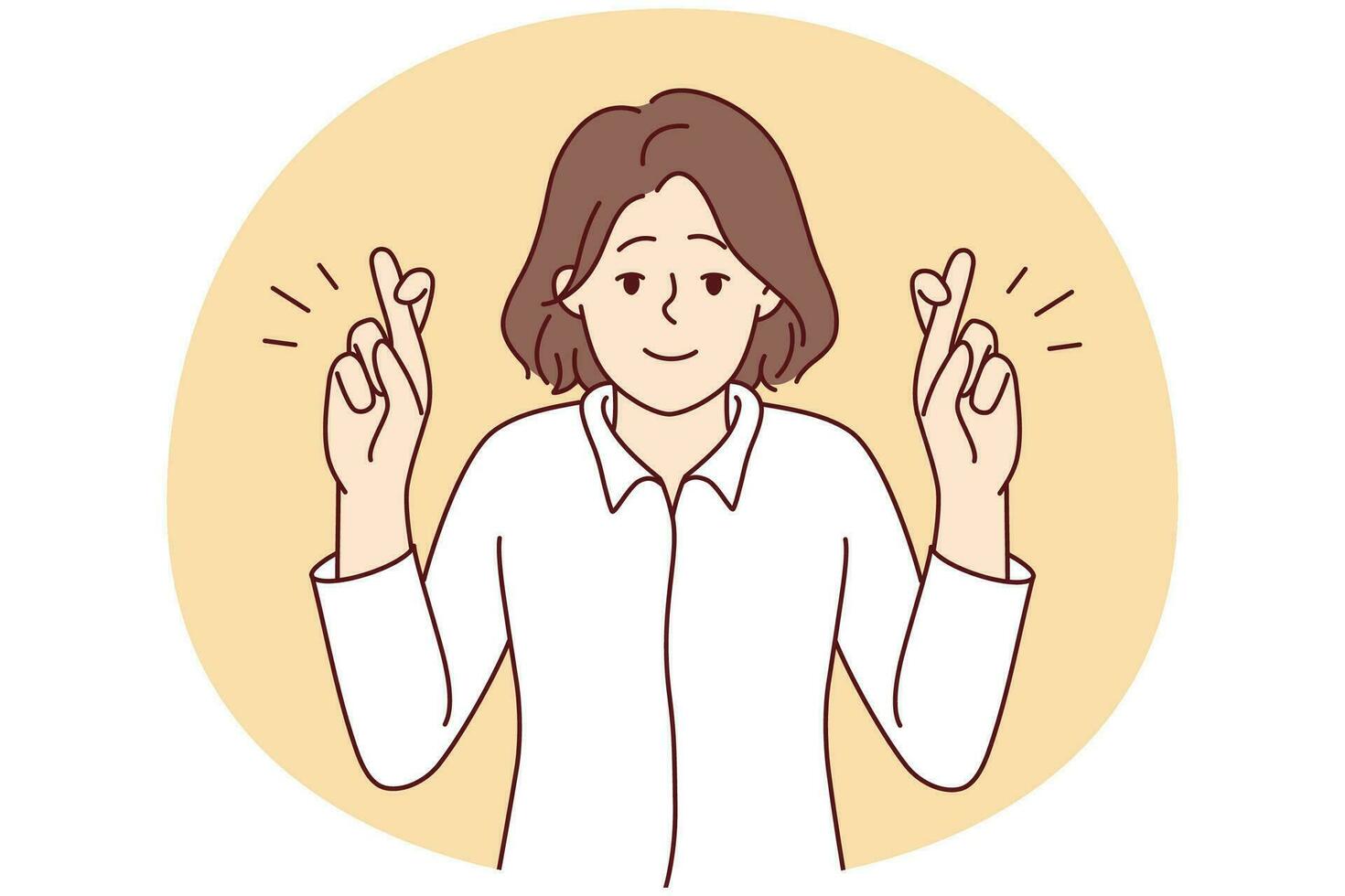 Smiling young woman cross fingers make wish. Happy female do hand gesture ask or hope for best. Vector illustration.