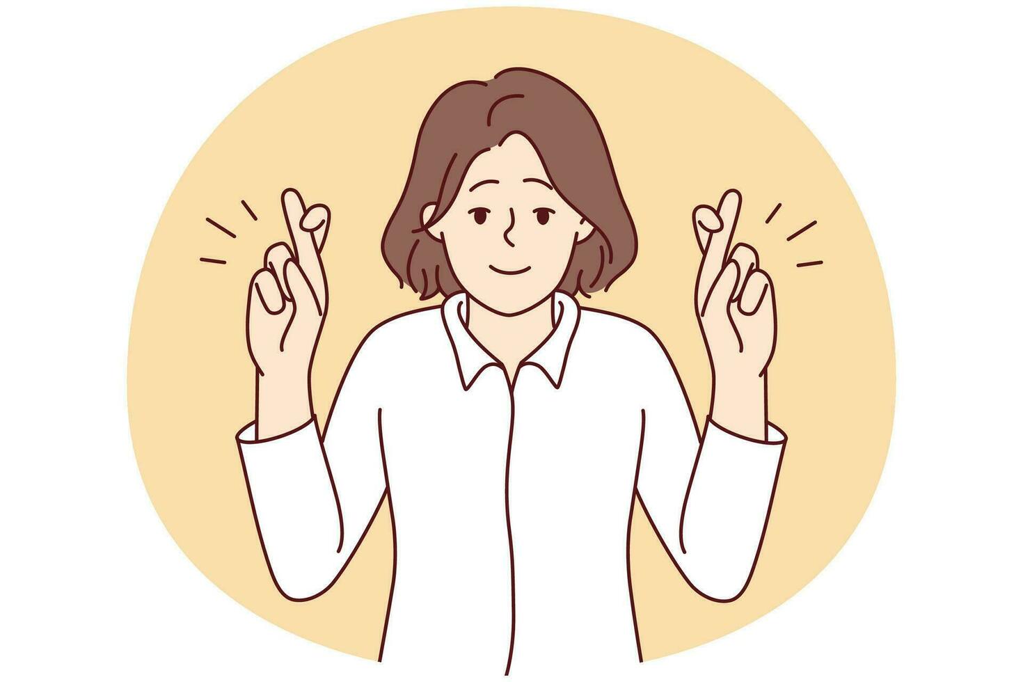 una joven sonriente cruza los dedos para pedir un deseo. mujer feliz hacer gesto de mano pedir o esperar lo mejor. ilustración vectorial vector