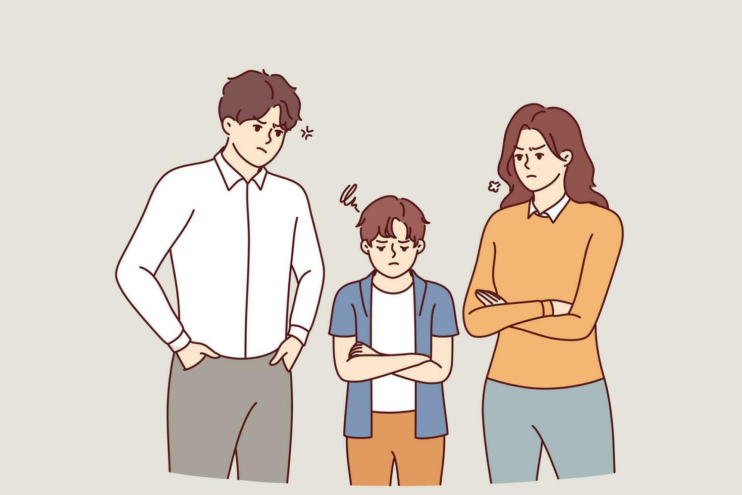 Angry parents and punished child, for concept parenting problems and lack of family understanding. Punished boy offended by parents due to overprotection or house arrest after bad grades at school vector