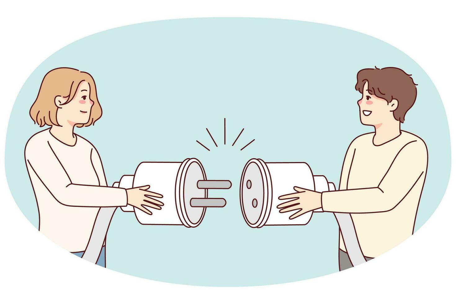 Man and woman connect electric plug into pocket look for solution together. Happy people brainstorm engaged in teamwork solve problem. Vector illustration.