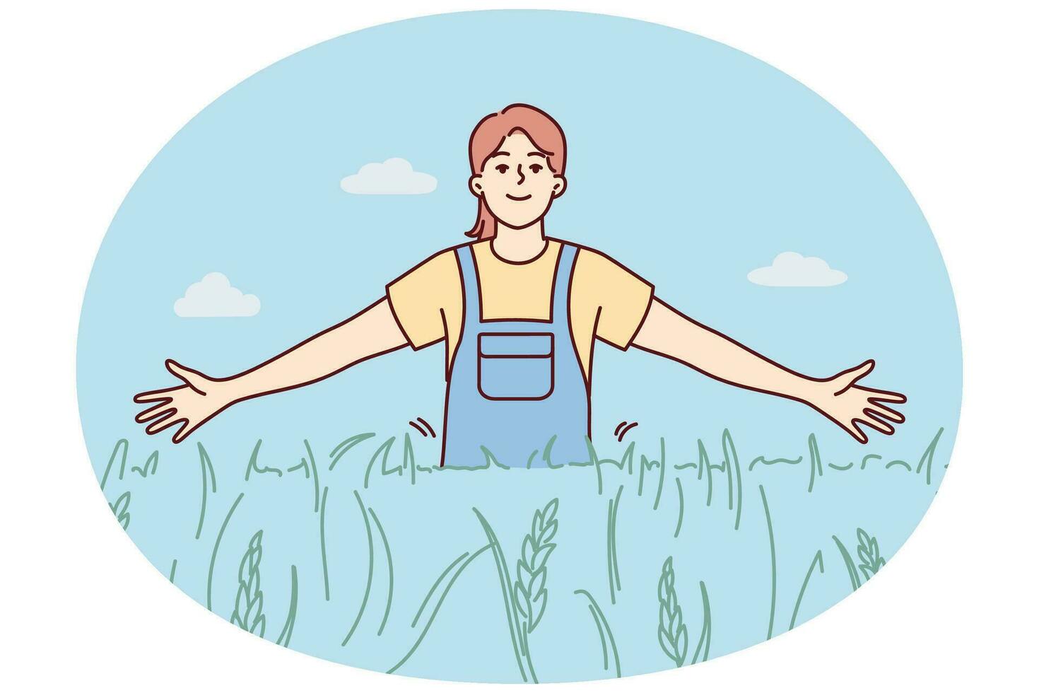 niña sonriente caminando en el campo disfrutando del clima soleado al aire libre. hembra feliz en tierras de cultivo o pastos. medio ambiente y naturaleza. ilustración vectorial vector