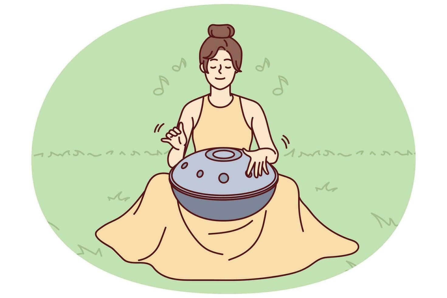 una joven sentada en el césped al aire libre juega con un instrumento musical tradicional meditando. la yogui femenina usa el handpan de armonía o el tambor para la meditación. espiritual. ilustración vectorial vector