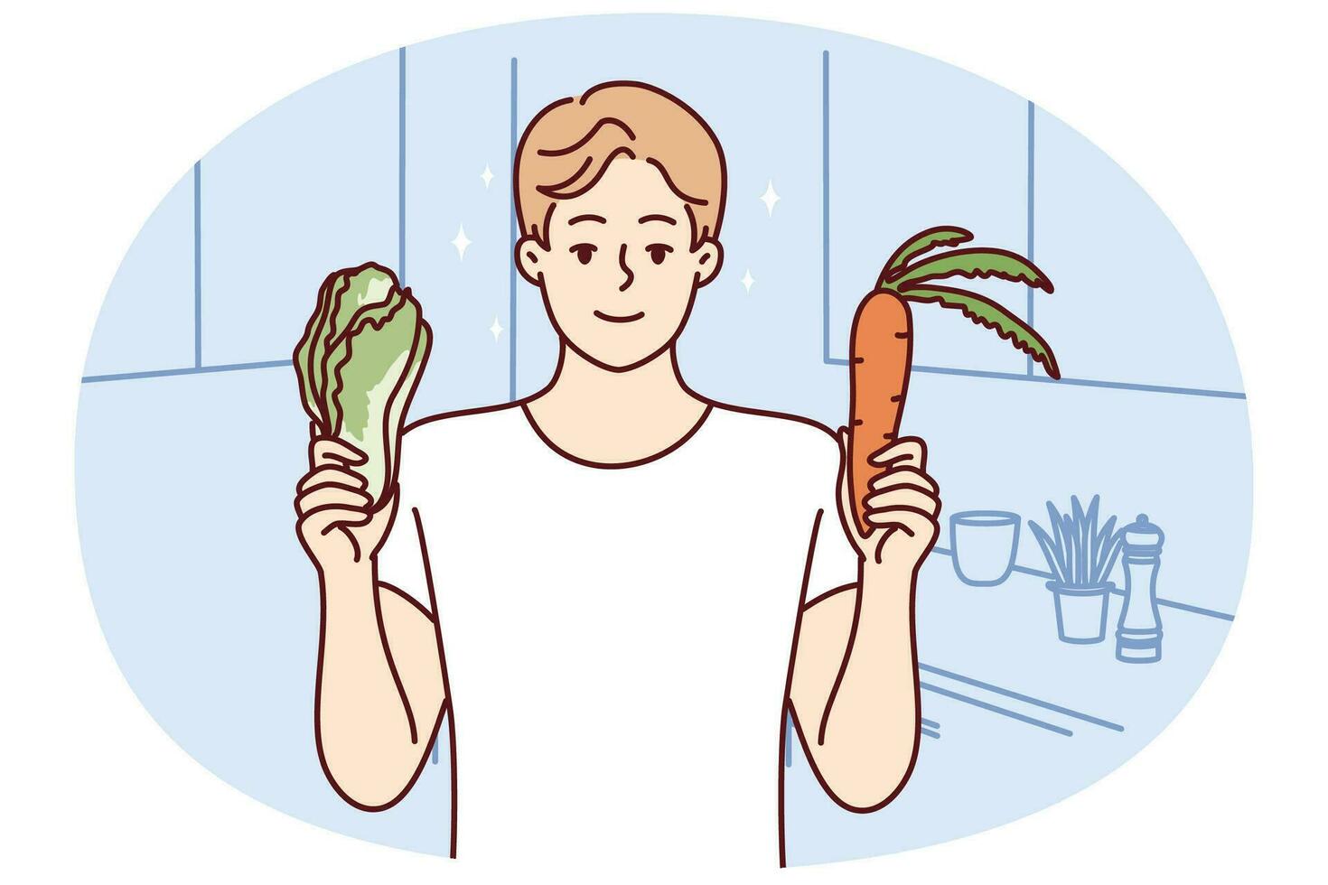 Smiling young man holding fresh organic vegetable follow diet. Happy guy choose natural products cooking in kitchen. Vegetarian concept. Vector illustration.