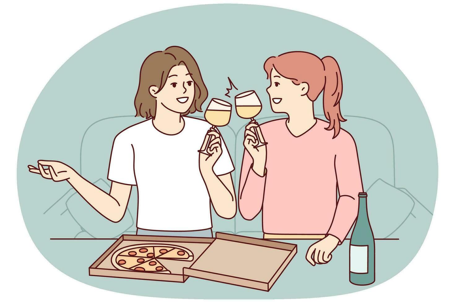 mujeres jóvenes felices sentadas en el sofá en casa comiendo pizza bebiendo vino. las chicas sonrientes se divierten disfrutando de la comida y el fin de semana de ocio juntas. ilustración vectorial vector