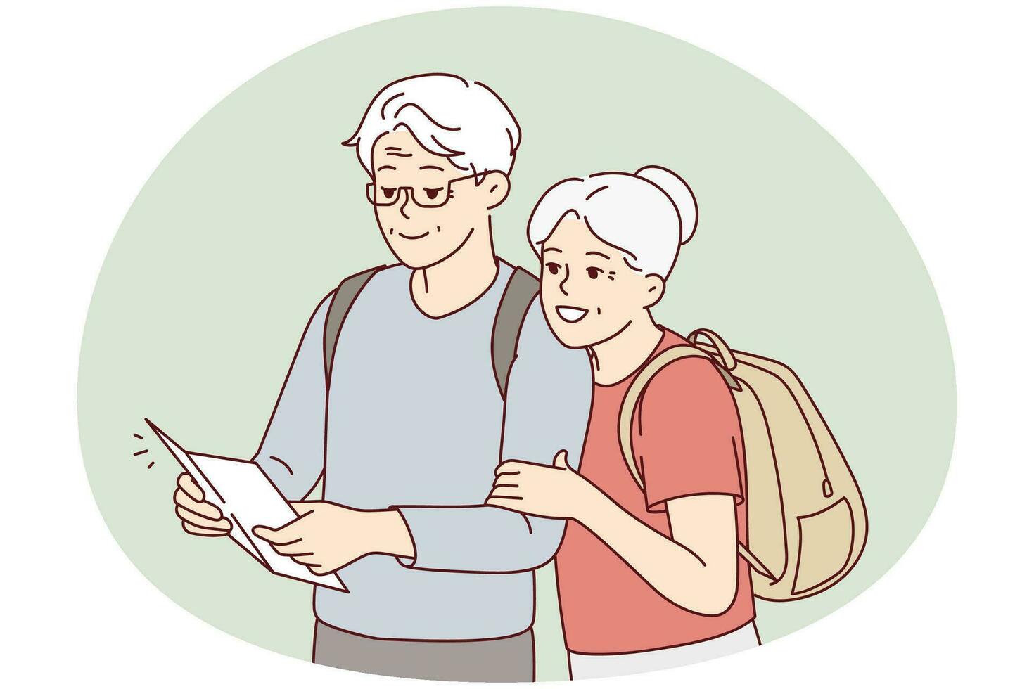 Smiling mature couple with backpacks look at paper map travel together. Happy elderly man and woman travelers look on vacation. Vector illustration.