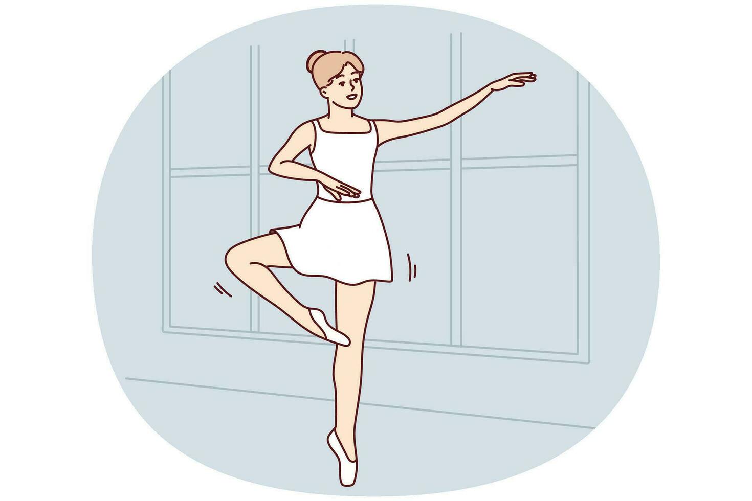 Young woman in tutu dancing in school. Smiling girl in dress practice ballerina moves indoors. Hobby and entertainment. Vector illustration.