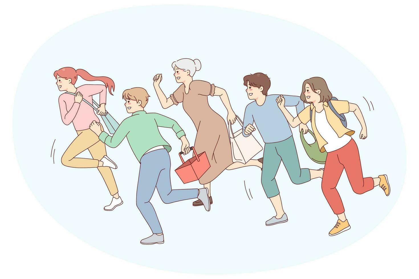 People running go shopping on sales. Excited shopaholics rush hurry for discounts or promotion. Vector illustration.