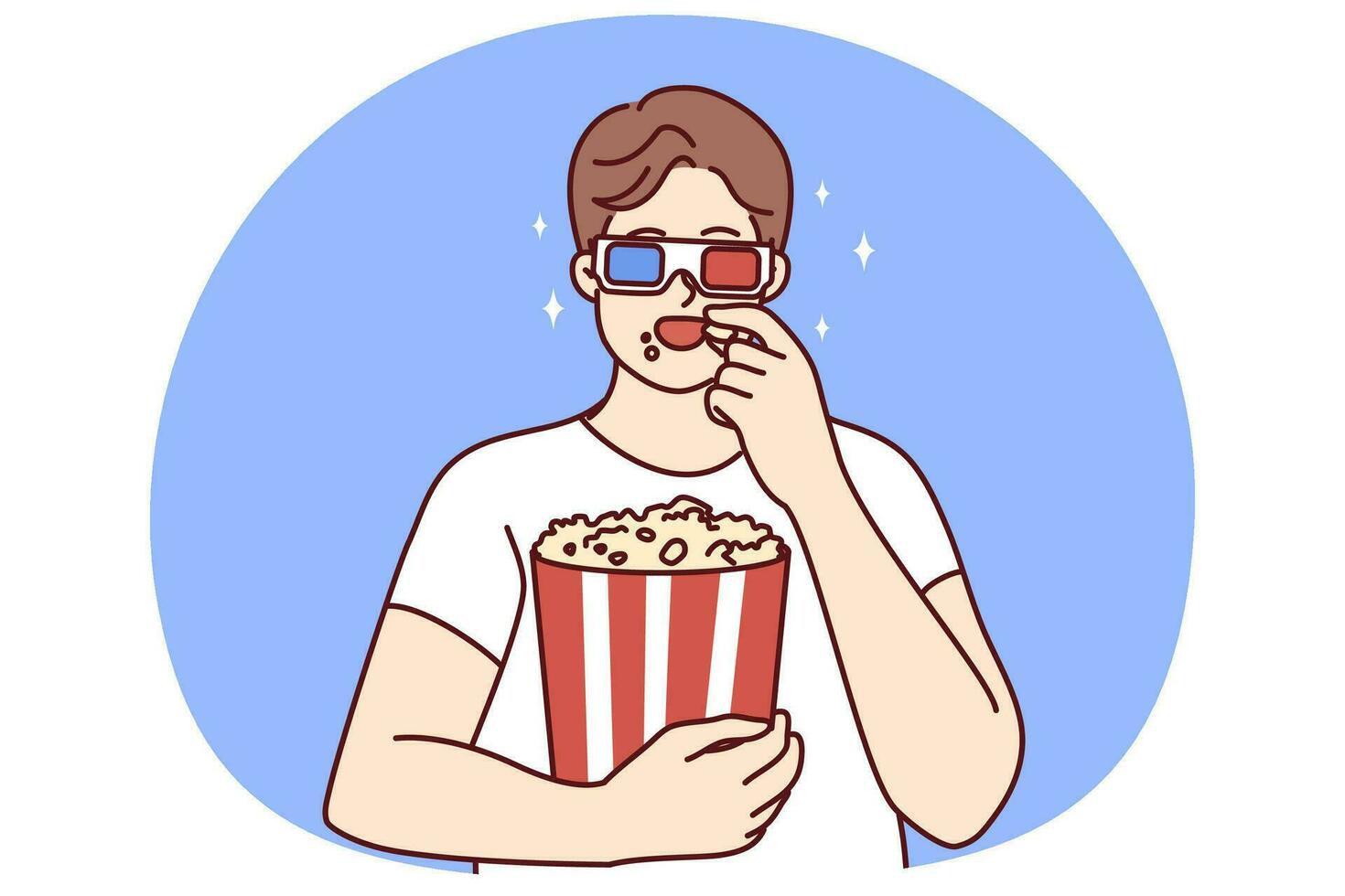 joven feliz con gafas 3d comiendo palomitas de maíz viendo una película en el cine. el hombre sonriente come un bocadillo y disfruta de una película en el teatro el fin de semana. entretenimiento. ilustración vectorial vector