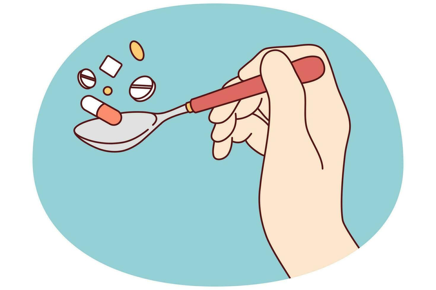 Close-up of hand holding spoon with pills addicted to pharma. Patient with spoonful of medication and drugs. Medicine and healthcare. Vector illustration.