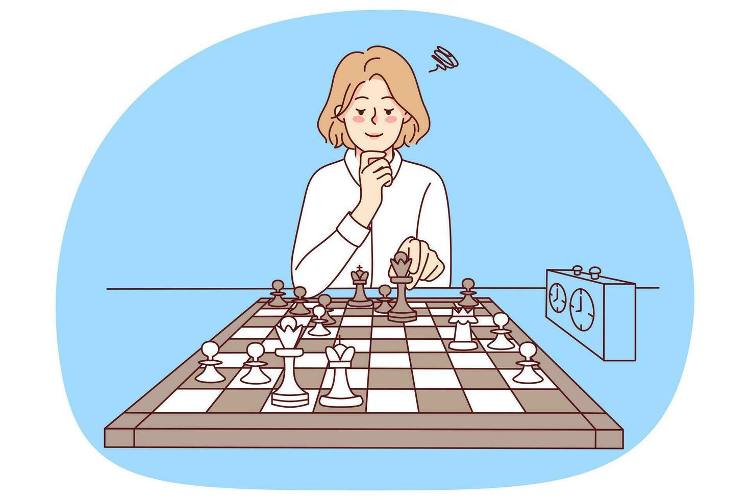 Smart girl playing chess. Clever young woman sit at desk enjoy logical board game. Knowledge and hobby. Vector illustration.
