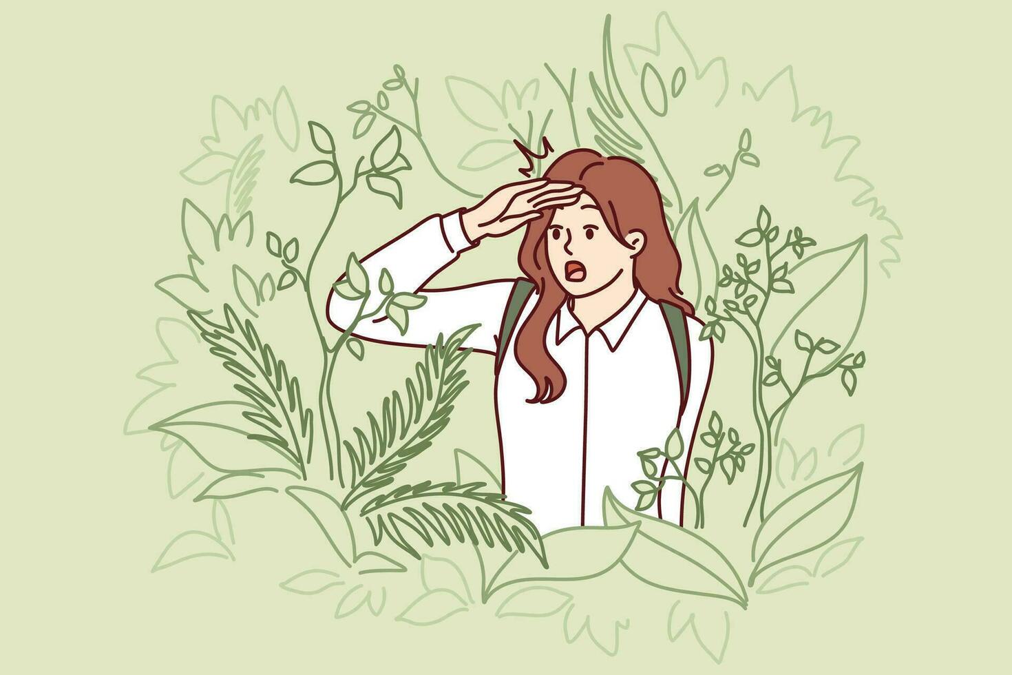 Jealous woman stands in bushes, spying on boyfriend or chasing likes stranger in park. Jealous girl opens mouth wide from experienced shock, seeing meeting of groom with girlfriend. vector