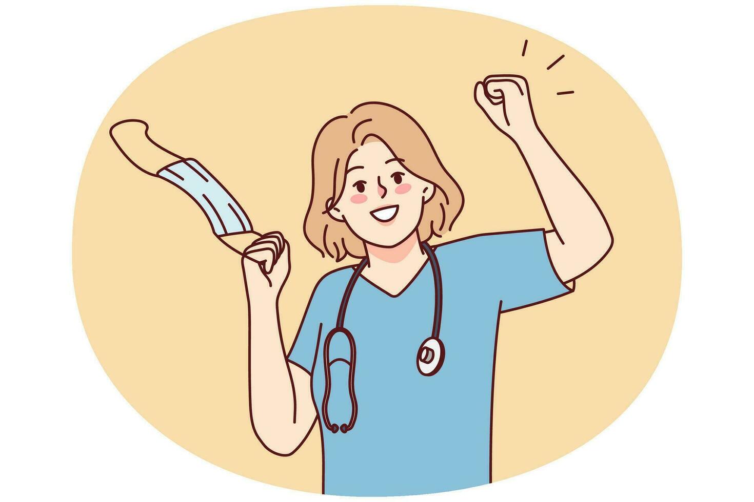 Overjoyed medical specialist take off face mask celebrate end of lockdown. Smiling doctor or nurse remove facial mask feeling optimistic. Vector illustration.