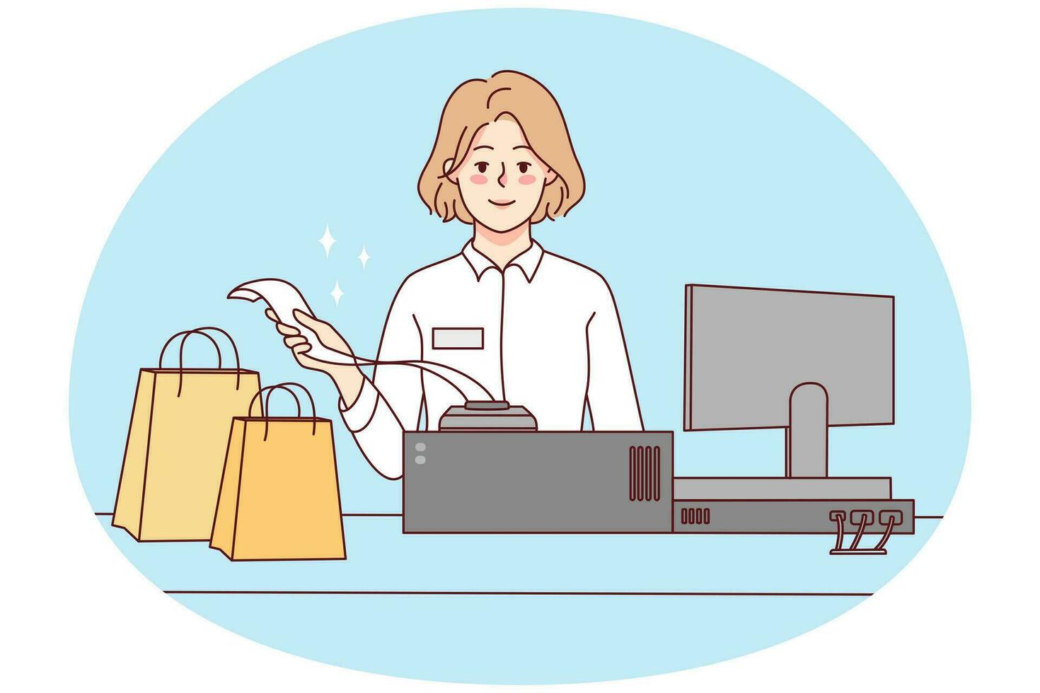 sonriente hembra cajero con pantalones a tienda registro. mujer de venta productos dando cuenta a cliente en almacenar. bueno Servicio y consumismo. vector ilustración.