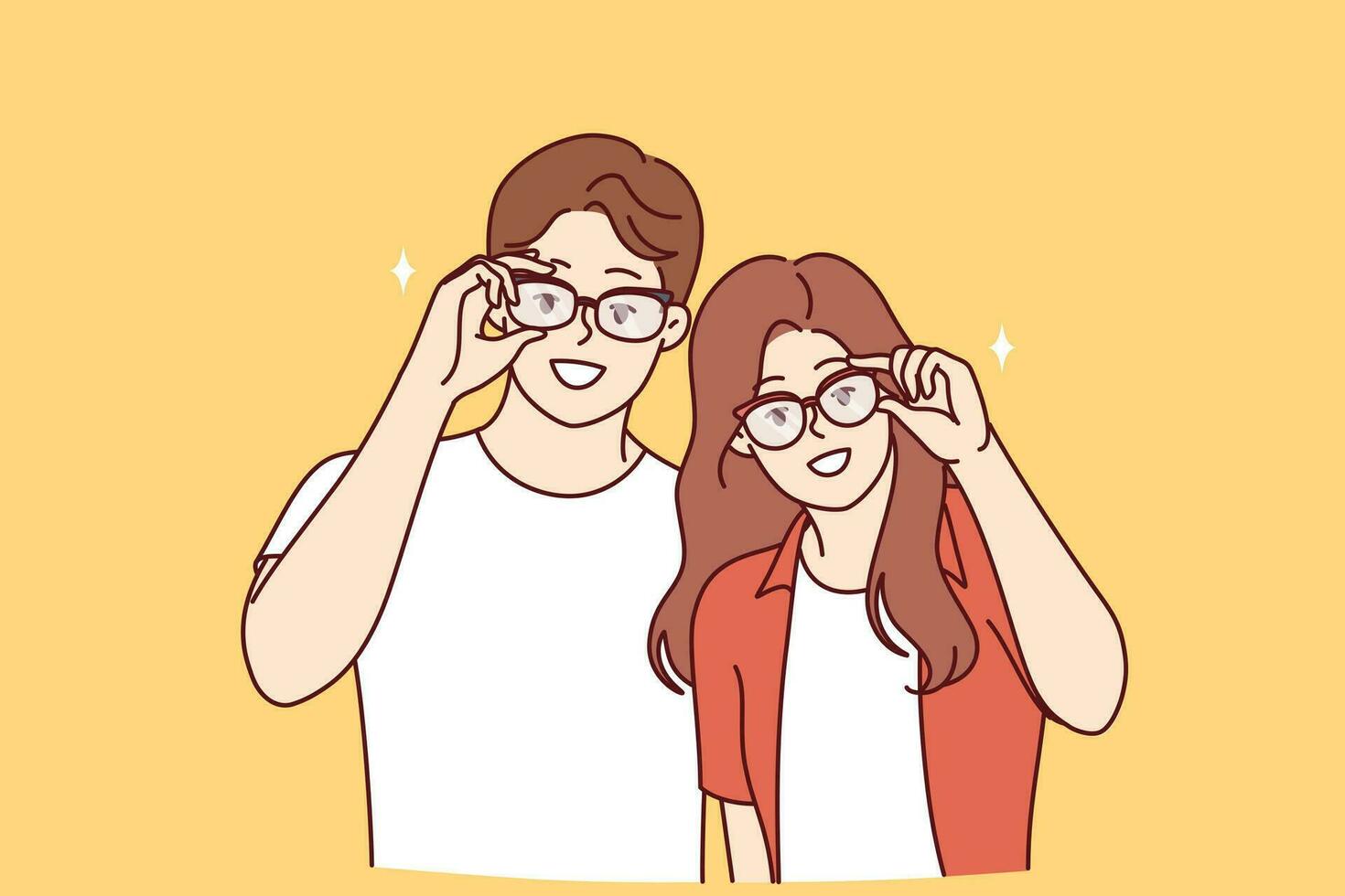 Man and woman in eyeglasses to improve or correct vision, stand in casual clothes and look at screen. Happy young couple recommends seeing ophthalmologist or visiting store with eyeglasses and lenses vector