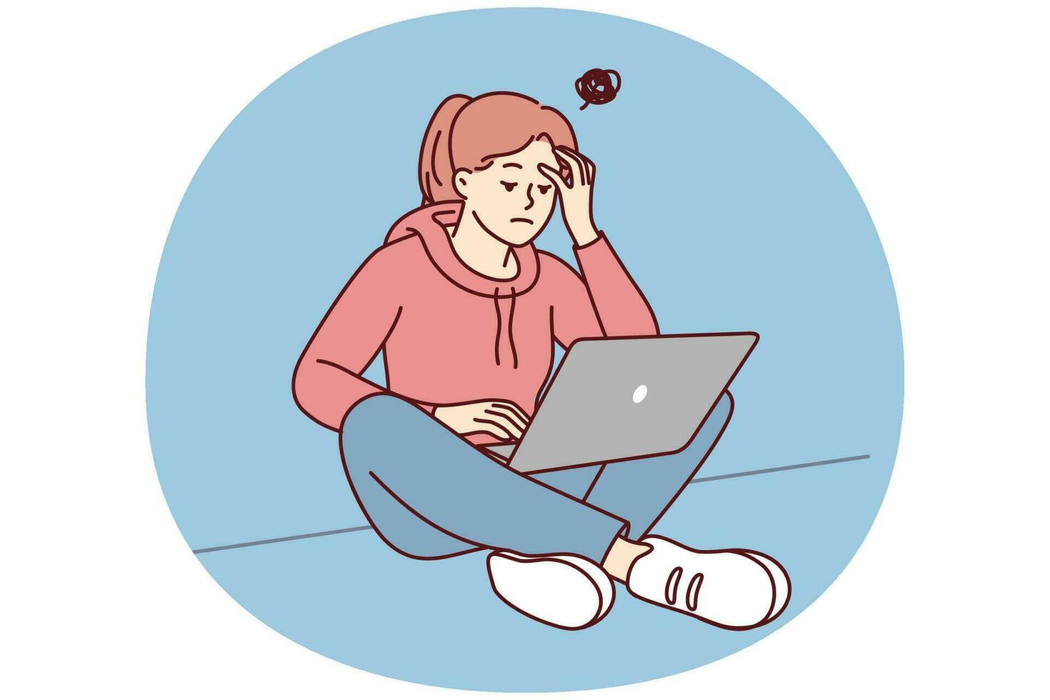 Female student work on laptop thinking suffer from inspiration lack. Stressed woman study on computer struggle with distraction. Vector illustration.