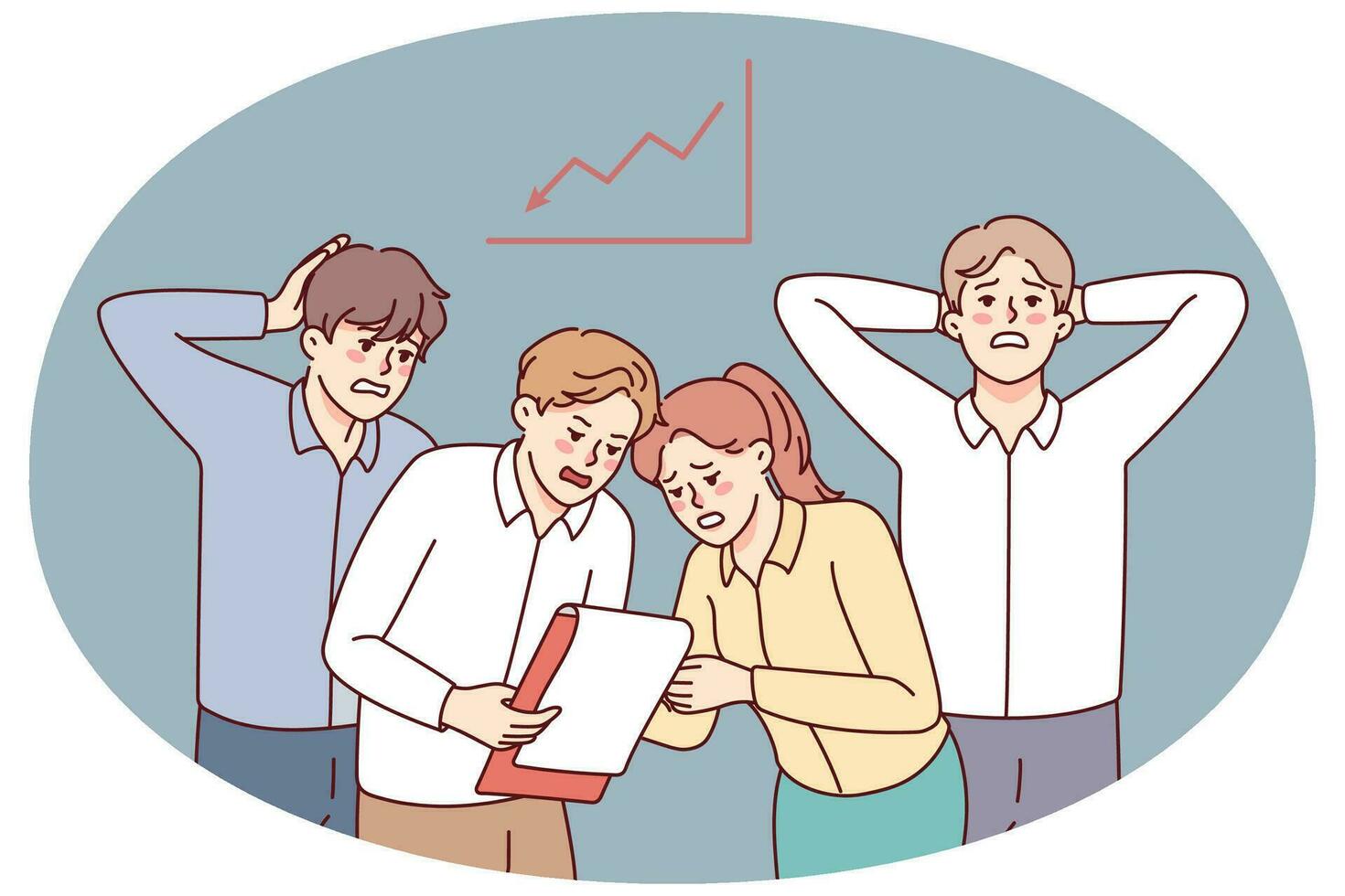 Stressed businesspeople frustrated with bad financial statistics. Unhappy employees worried with finance crisis. Work problems. Vector illustration.