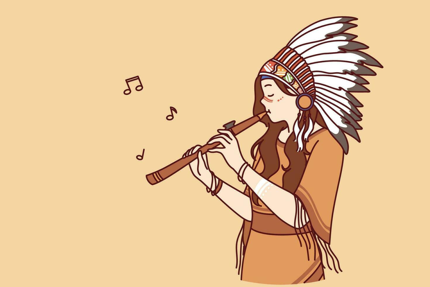 Injun or shaman woman playing flute, dressed in ethnic attire and headdress with feathers. Young girl participates in native american band and performs traditional injun song on musical instrument. vector