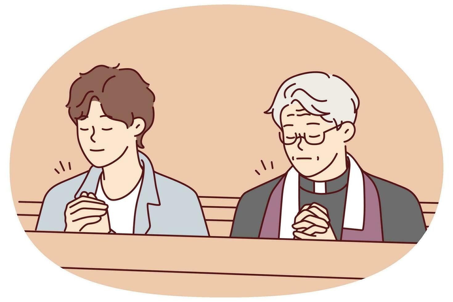 Man and priest praying in church. Guy and pastor with prayer hands pray in cathedral. Religion and faith. Vector illustration.