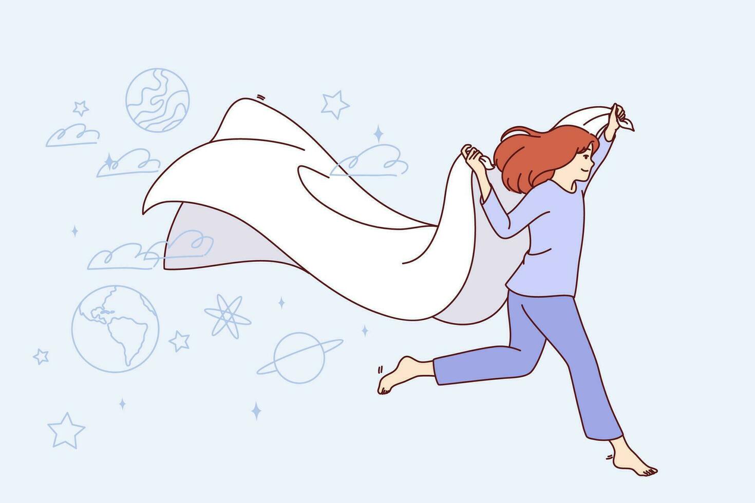 Little girl dreams while sleeps and runs with blanket in hands among space scenery. Carefree teen child sleeps and dreams of traveling galaxy or working in space exploration industry. vector
