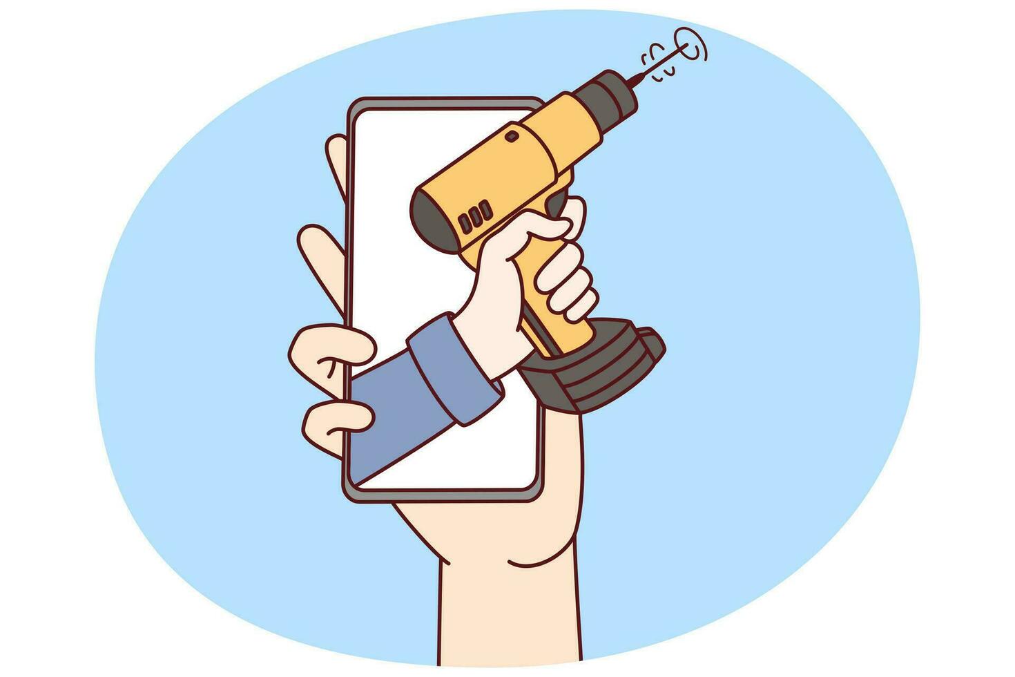 Person holding smartphone with mechanic on screen. Concept of online repair and fixing manual. Vector illustration.